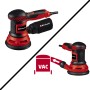 Levigatrice eccentrica Einhell TC-RS 425 E in rosso/nero con sacco raccoglipolvere e adattatore di aspirazione.
