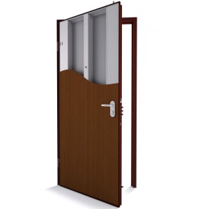 Porta blindata aperta con effetto legno ed elementi in metallo.