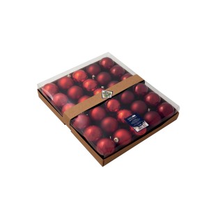 Set di palline di Natale rosse nella confezione. Decorazioni per l'albero di Natale per decorazioni festive.