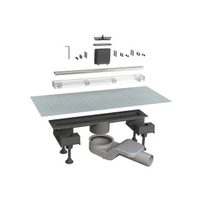 Vista esplosa di un sifone doccia con accessori.