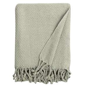 Coperta t.b.t. grigio chiaro con frange e motivo a spina di pesce.