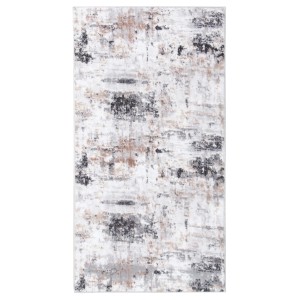 Tappeto moderno con motivo astratto in bianco, grigio e marrone.