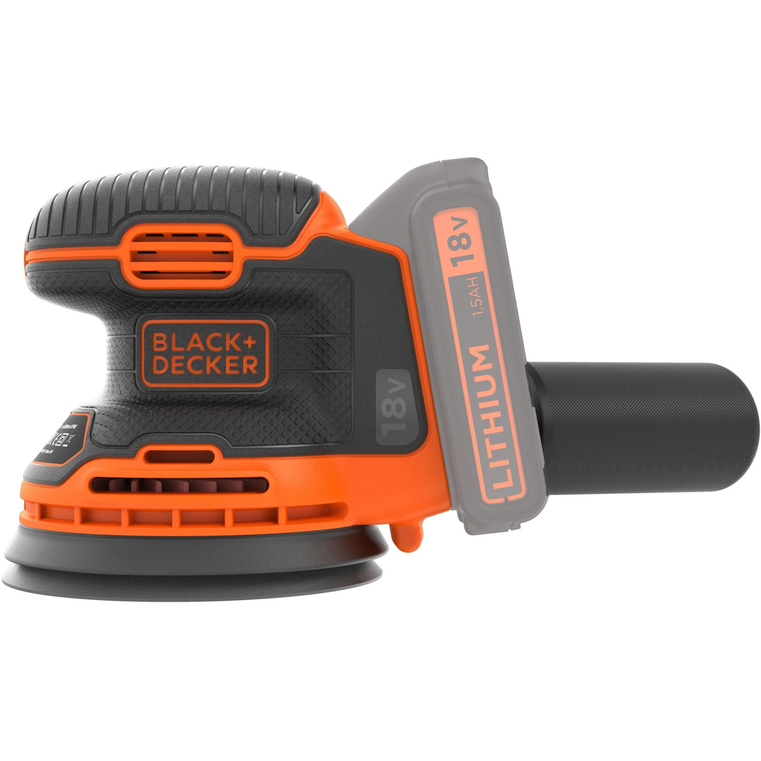 Levigatrice eccentrica a batteria Black+Decker BDCROS18N (18V): Levigatrice compatta nera e arancione.