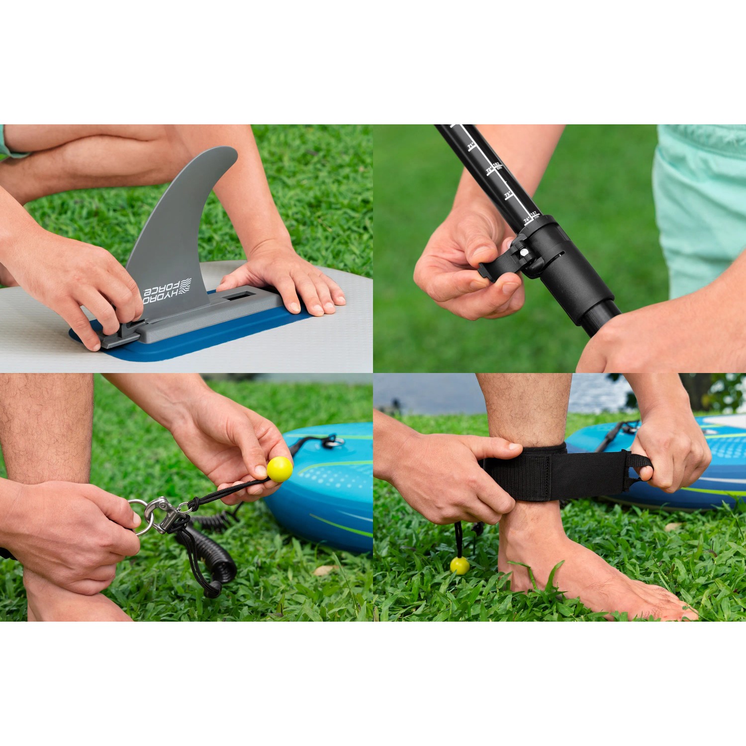 Bestway SUP Board Aqua Journey: Dettagli di pinna, pagaia, leash e pompa nel set.