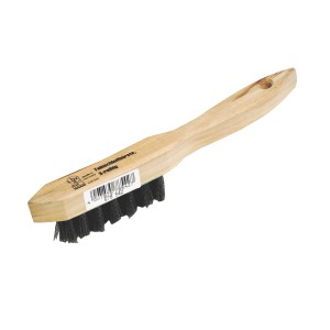 Piccola spazzola metallica LUX con manico in legno e tre file di filo d'acciaio per la pulizia.