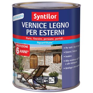 Vernice per legno Syntilor per esterni, barattolo con esempio di applicazione, adatta per legno esterno.
