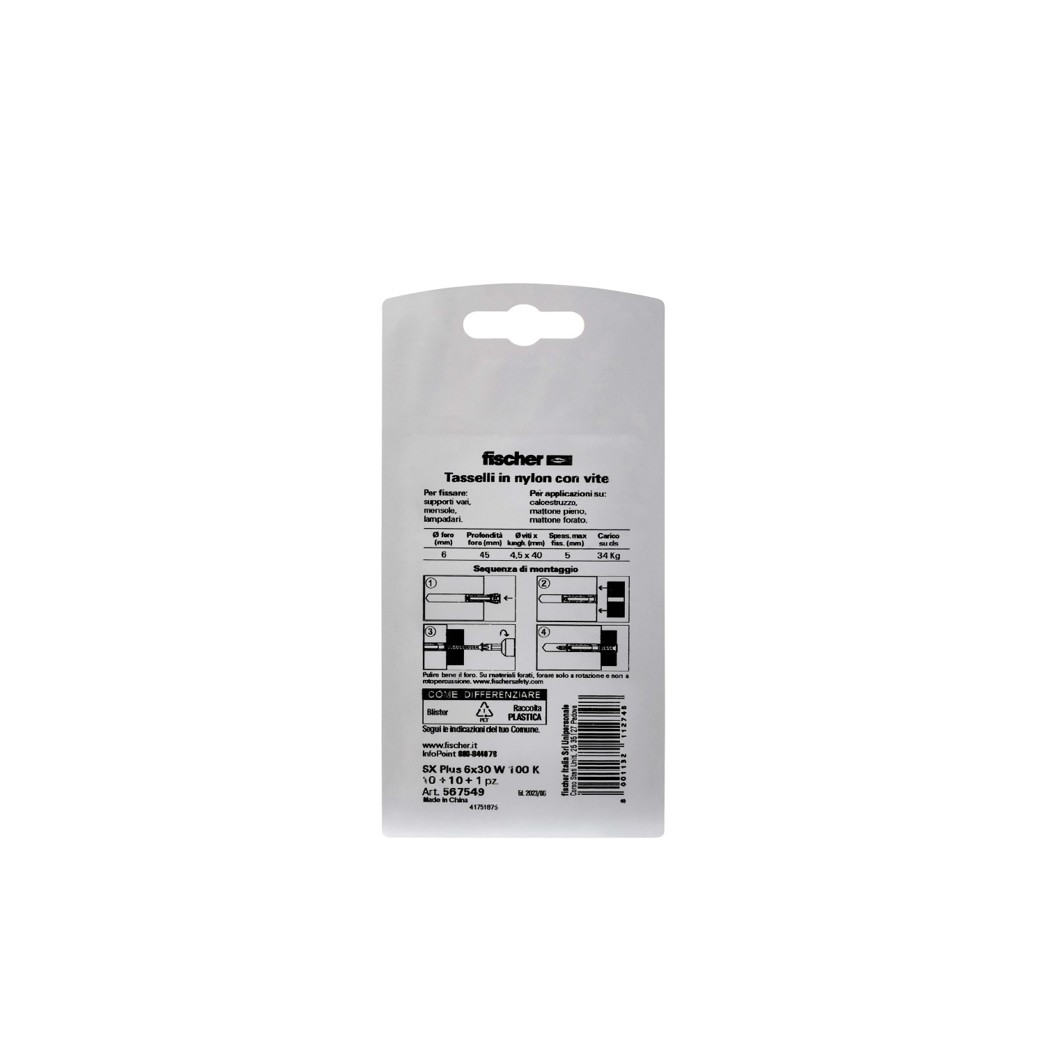 Fischer Tasselli in nylon con vite, adatti a diverse applicazioni.