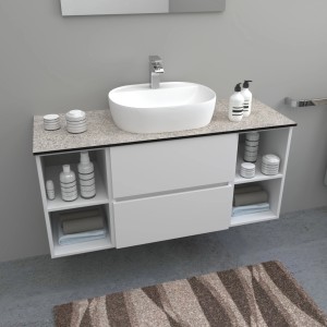 Mobile lavabo con lavabo da appoggio e vani portaoggetti.