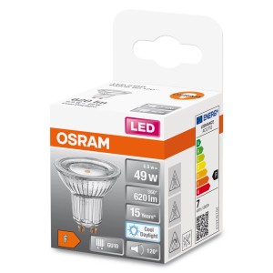 Lampadina LED GU10 OSRAM nella confezione. Faretto LED con 620 lumen, 6.9W, Cool Daylight.