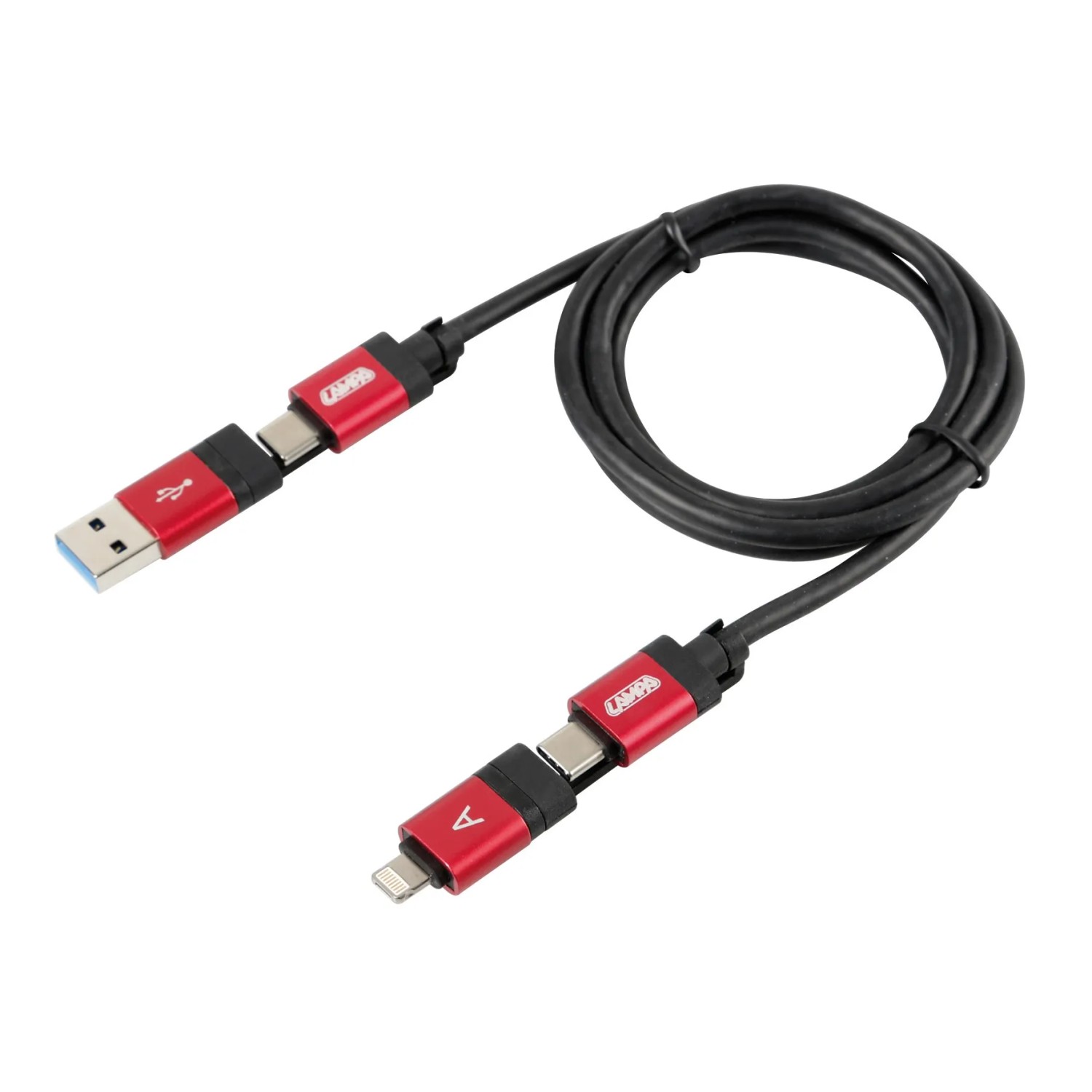 Cavo di ricarica t.b.t. per interni auto, connettore USB, USB-C e Lightning.