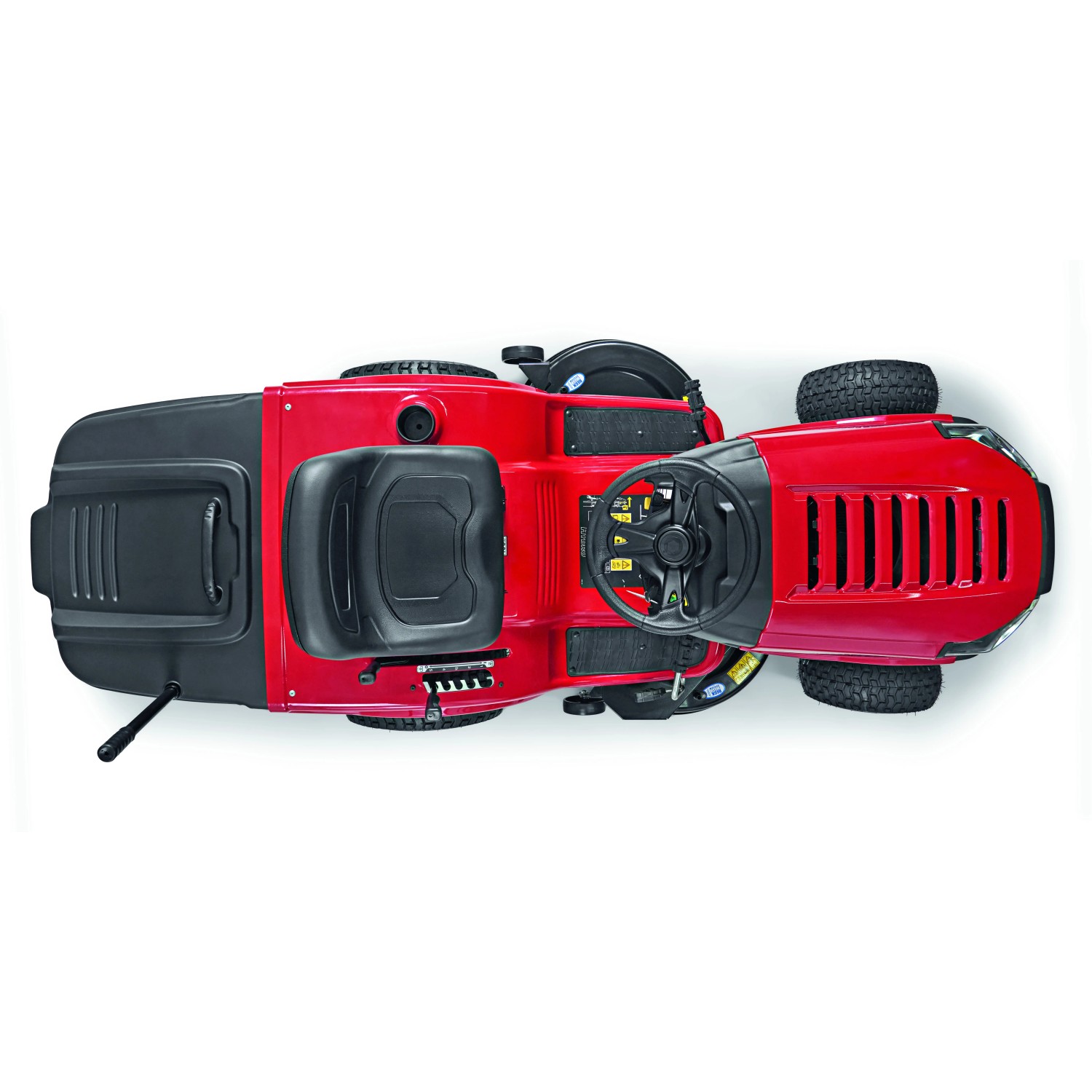Trattorino tagliaerba rosso Troy-Bilt Horse 105T-R, vista dall'alto. Scarico posteriore, larghezza taglio 105 cm.