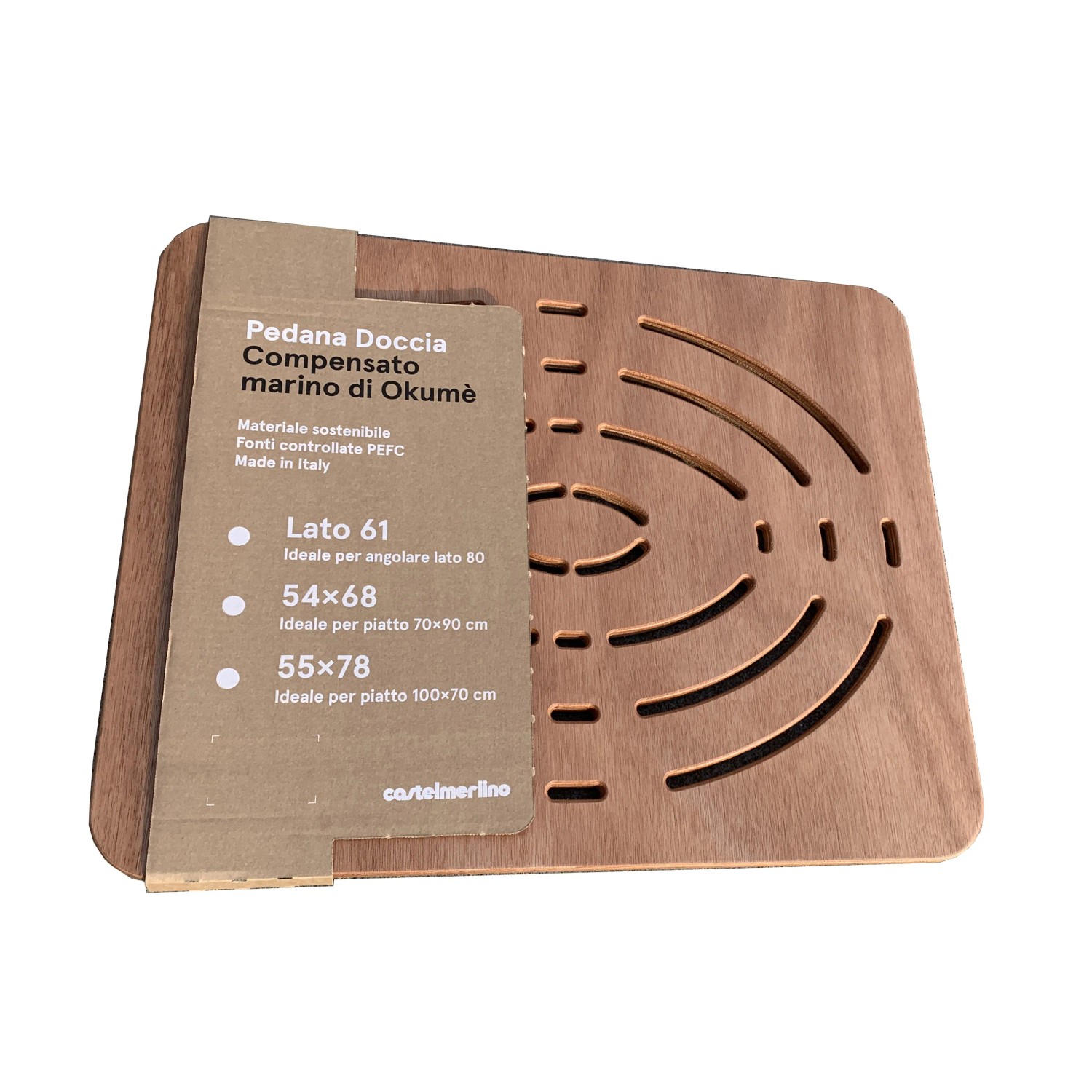 t.b.t. Tappetino doccia in legno con intagli per accessori doccia.