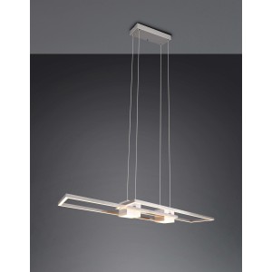 Moderna lampada a sospensione a LED con elementi rettangolari in bianco, ideale per sale da pranzo.
