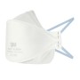 Dettaglio della maschera 3M Aura FFP2 9320+: Mascherina antipolvere bianca con elastici blu per levigatura, foratura e segatura.