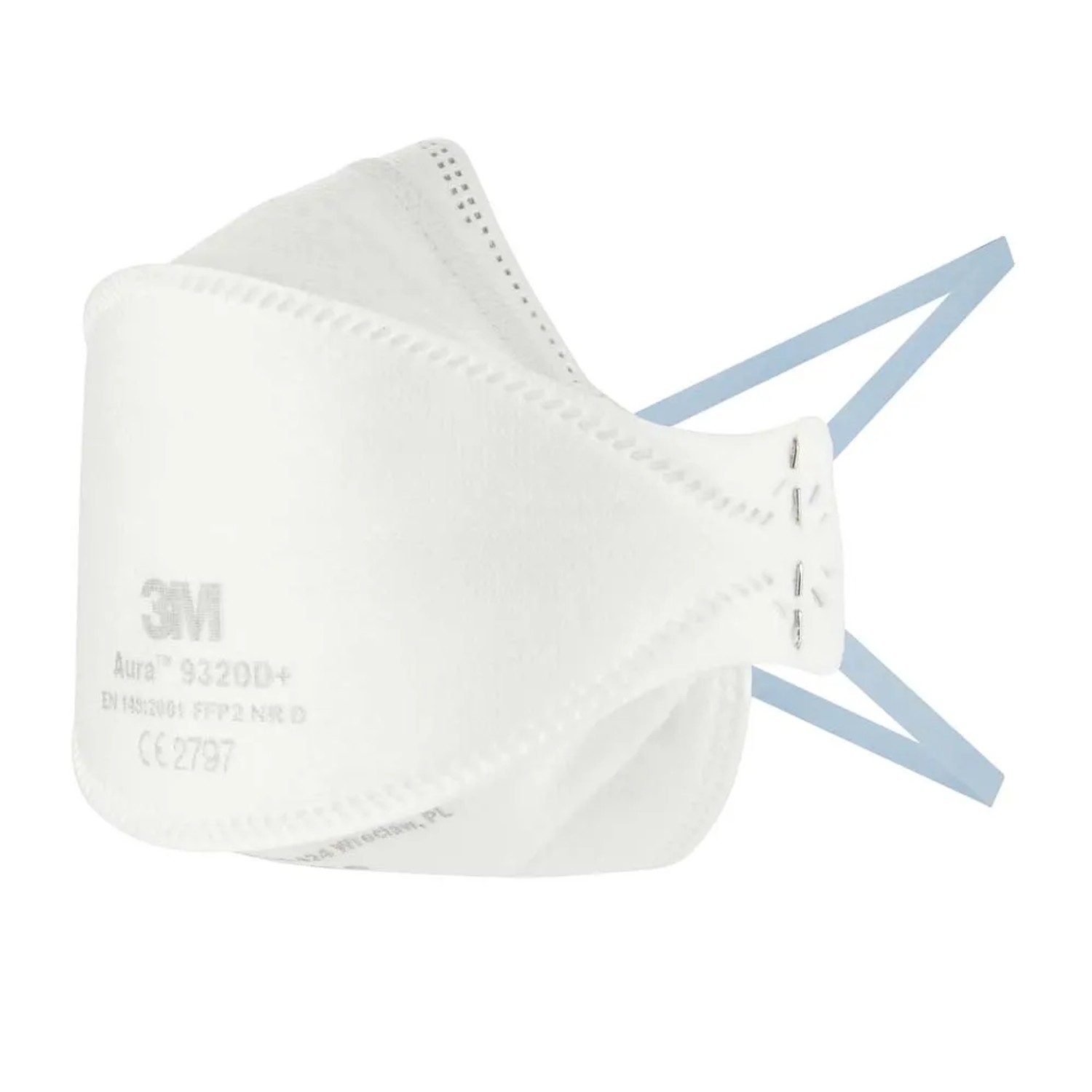Dettaglio della maschera 3M Aura FFP2 9320+: Mascherina antipolvere bianca con elastici blu per levigatura, foratura e segatura.
