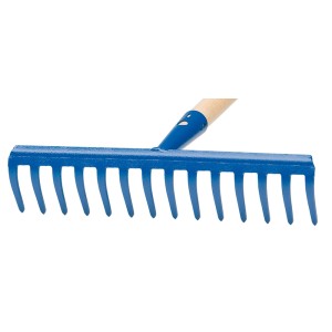 Rastrello da giardino blu con manico in legno per foglie e rifiuti da giardino.