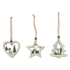 Set di ornamenti in legno: cuore, stella, abete con motivi invernali, decorazioni per l'albero di Natale