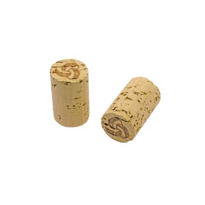 Due tappi di sughero con motivo per vino o altre bottiglie.