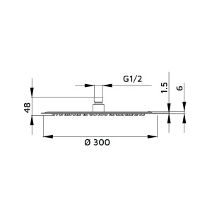 Disegno tecnico: soffione fisso t.b.t. con dimensioni (diametro 300 mm).