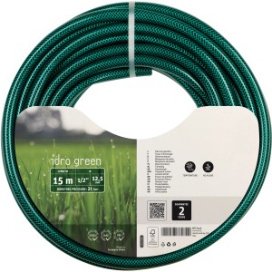 Tubo per irrigazione verde arrotolato, lunghezza 15m, diametro 1/2 pollice. Ideale per l'irrigazione.