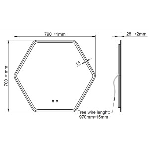 Disegno tecnico di uno specchio da parete esagonale con dimensioni.