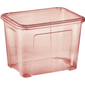 Contenitore trasparente rosa, ideale per lo stoccaggio e l'organizzazione.