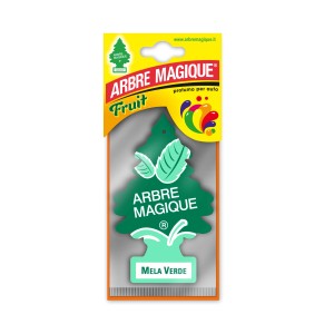 Profumatore per auto 'Arbre Magique' verde con profumo di mela in confezione.