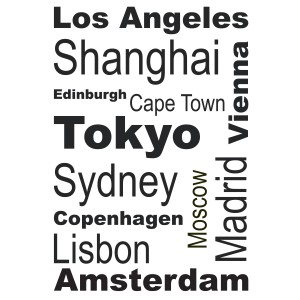 Adesivo da parete t.b.t. con nomi di città come Tokyo, Londra, Berlino come decorazione per la parete.