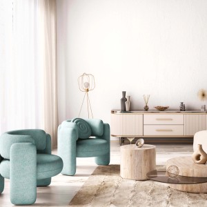 Soggiorno moderno con poltrone turchesi, tavolino e credenza. Arredamento elegante.