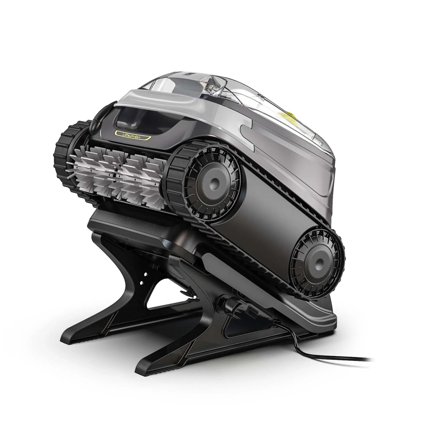 Robot per piscina a batteria Zodiac CNX-Li 5220 iQ grigio su stazione di ricarica. Pulitore per piscina senza fili con spazzole.