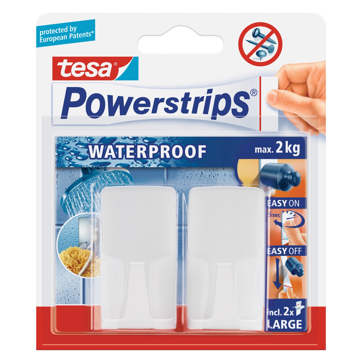 Gancio in plastica Tesa Waterproof bianco 2 x Powerstrips Large 2 pz