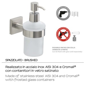 Dispenser sapone t.b.t. in acciaio inox con contenitore in vetro satinato.