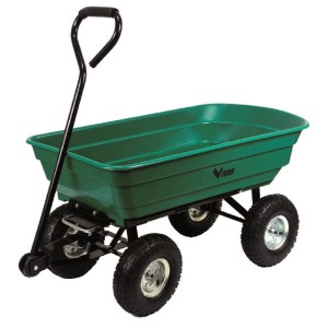 Carriola verde con quattro ruote e manico nero. Ideale per il giardinaggio.
