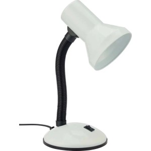Lampada da scrivania bianca con collo flessibile e interruttore sulla base.