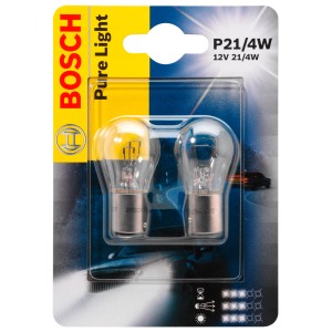 Bosch GLL Pure Light P21/4W, confezione da 2 lampadine auto per luci freno, indicatori di direzione, posizione e targa.