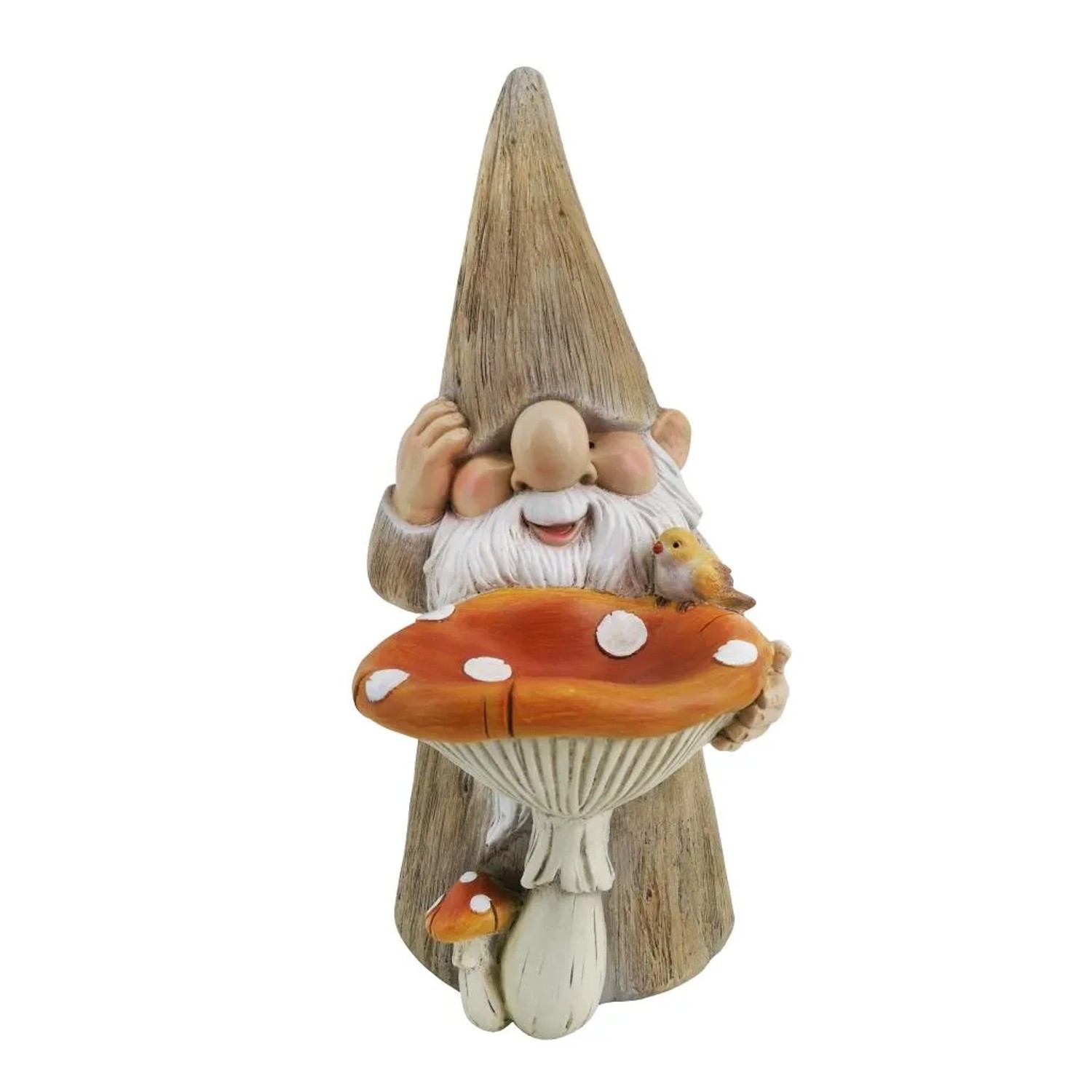 Gnomo da giardino su fungo con uccellino, decorazione per il giardino.