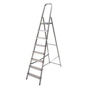 Scala domestica argentata con sette gradini per uso interno.