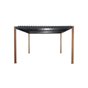 Gazebo moderno con tetto a lamelle e pali marroni.