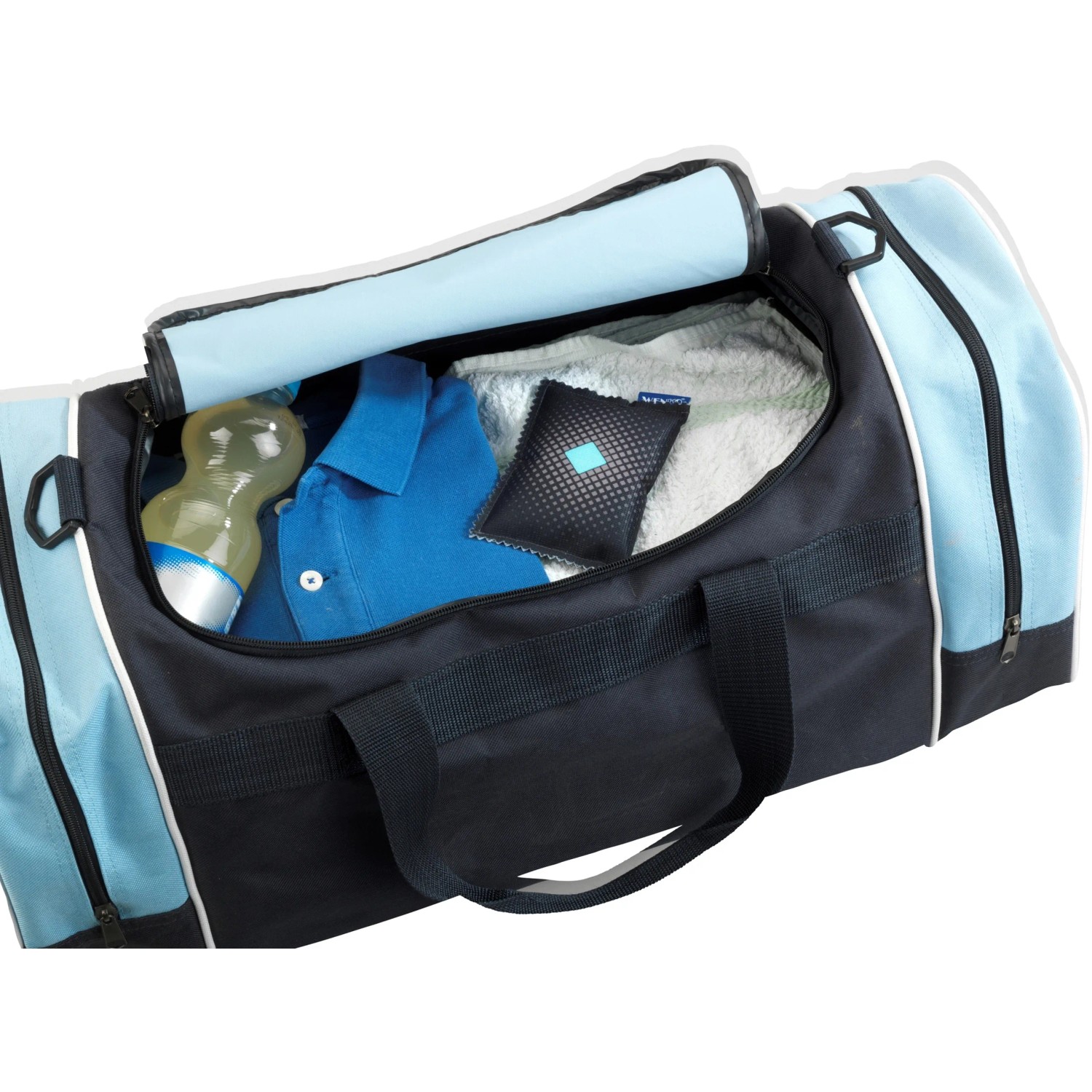 Borsa sportiva aperta con vestiti e t.b.t. per il controllo dell'umidità.