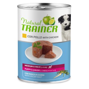 Natural Trainer cibo umido per cuccioli e cani giovani di taglia grande con pollo e radice di cicoria.