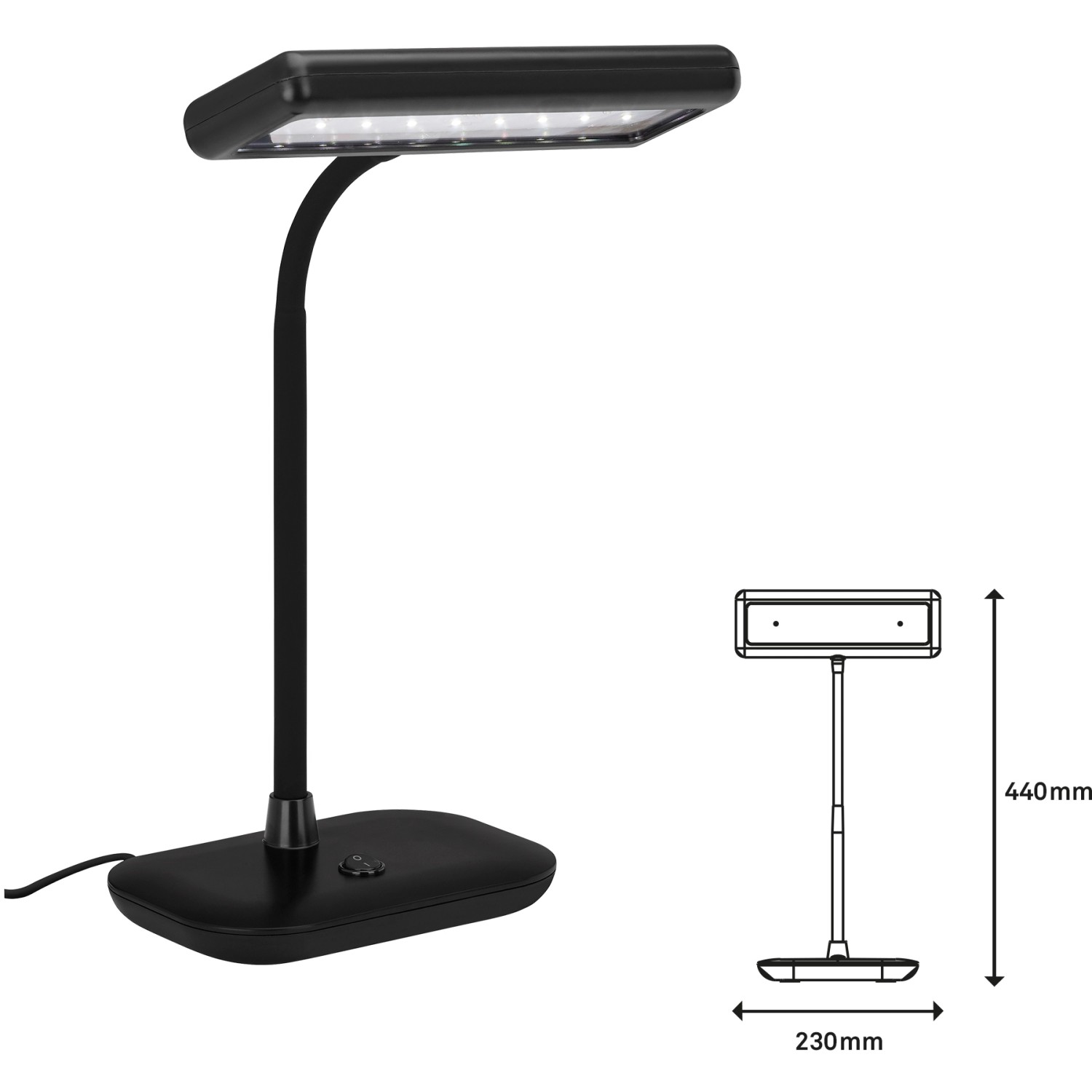 Lampada da tavolo LED Daylight Brilo nera, 7,5W, con dimensioni.