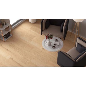 Pavimento vinilico chiaro t.b.t. in soggiorno con mobili.