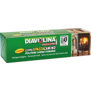 Diavolina ceppo spazzacamino, scatola verde con immagine di stufa a legna.