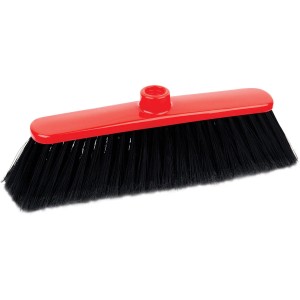 Scopa t.b.t. con testa rossa e setole nere per la pulizia.