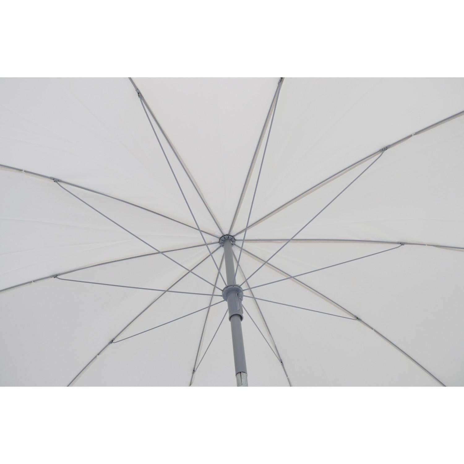 Ombrellone da balcone CMI, rotondo, naturale, Ø 200 cm, visto dal basso: struttura in acciaio e copertura chiara.