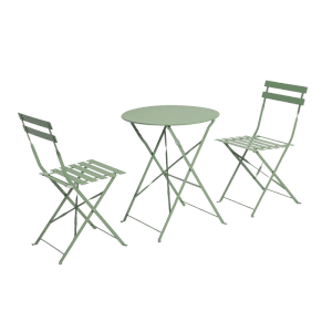 Set bistro AUSTIN verde in acciaio con tavolo e due sedie pieghevoli per terrazza e giardino.
