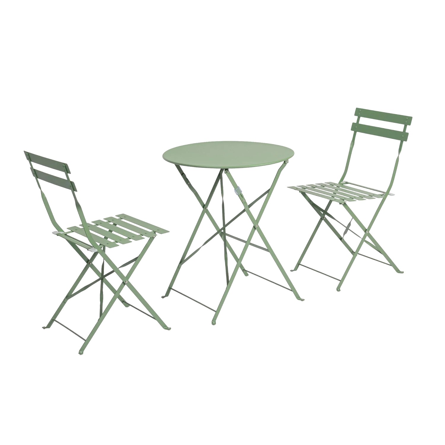 Set bistro AUSTIN verde in acciaio con tavolo e due sedie pieghevoli per terrazza e giardino.