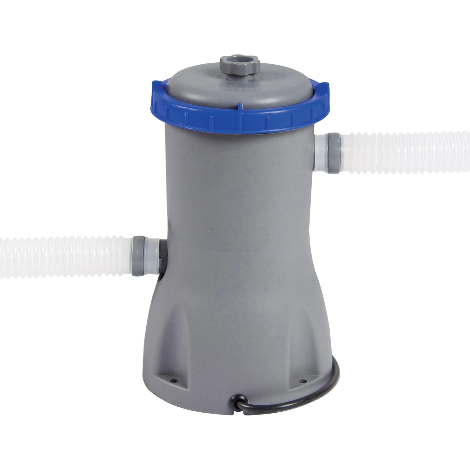 Sistema di filtro a cartuccia grigio con dettagli blu e due tubi.