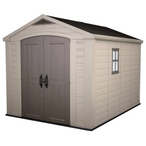 Casetta da giardino in plastica Keter, 8,1 m², marrone-beige con doppia porta e finestra.