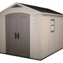 Casetta da giardino in plastica Keter, 8,1 m², marrone-beige con doppia porta e finestra.